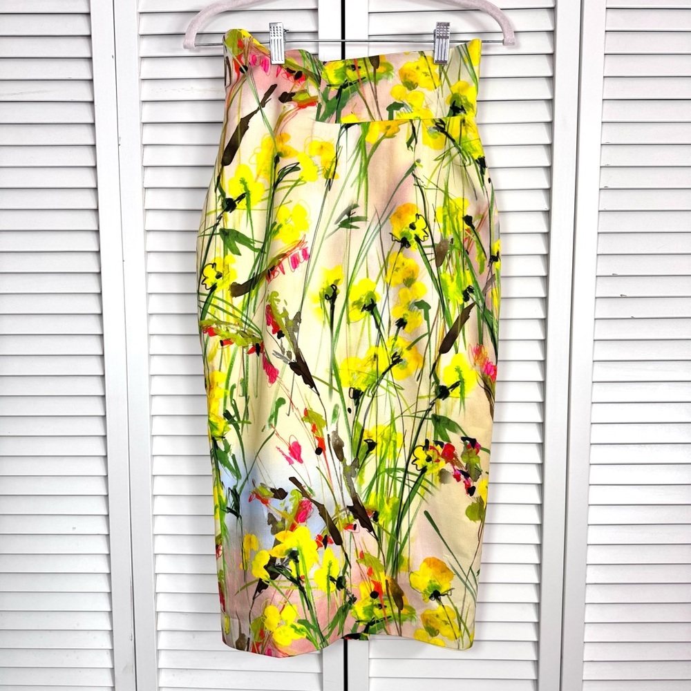 Daniela Corte Silk Floral Asymmetrical Pencil Midi Skirt Yellow Green Size 38 XS
